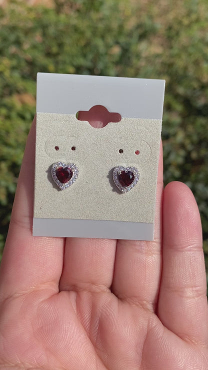 Garnet Heart Sterling Silver Earrings